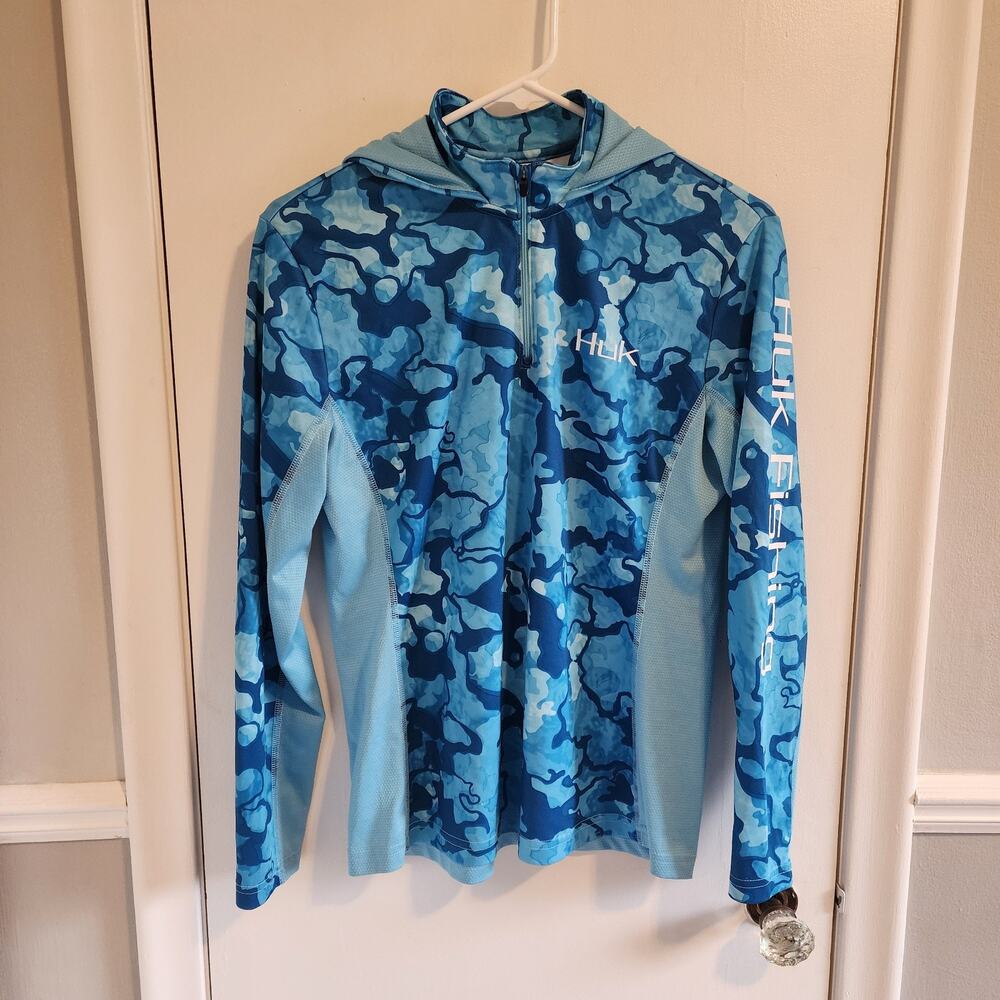 Huk Fishing Women's Large Hooded 1/4 Zip Long Sleeve Shirt Performance Blue Camo